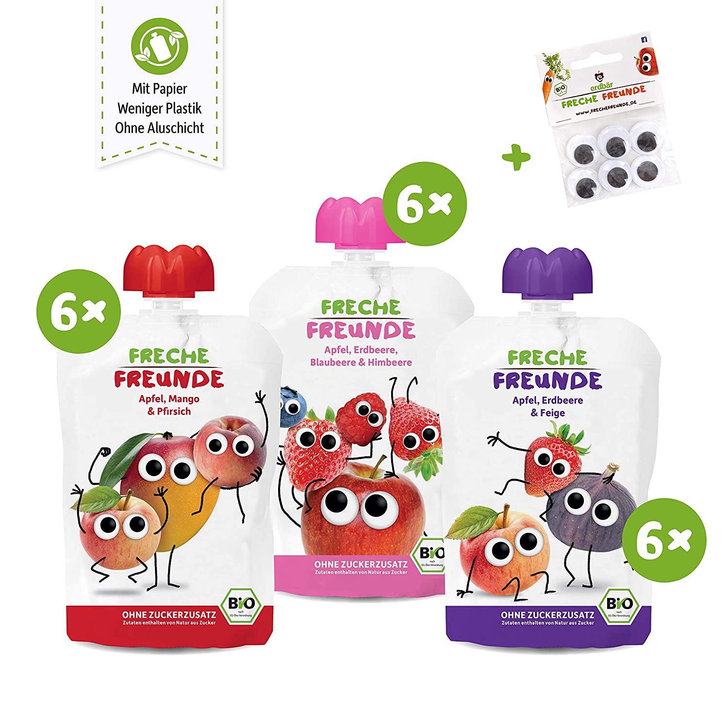Freche Freunde Bio Quetschie-Paket \"100% Frucht\" PLUS 1x Wackelaugen, Fruchtmus im Quetschbeutel, 18er Pack (18 x 100g)