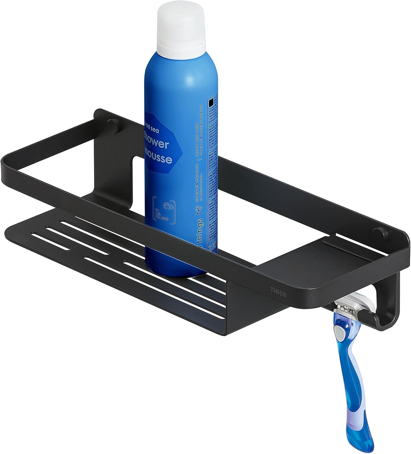 Tiger Store Tiger Caddy Shower Basket with Hooks, Stainless Steel Shower Caddy with Integrated Hook for Towel, Sponge, Razor or Squeegee, Colour: Black, W32 x H7.2 x D10.6cm