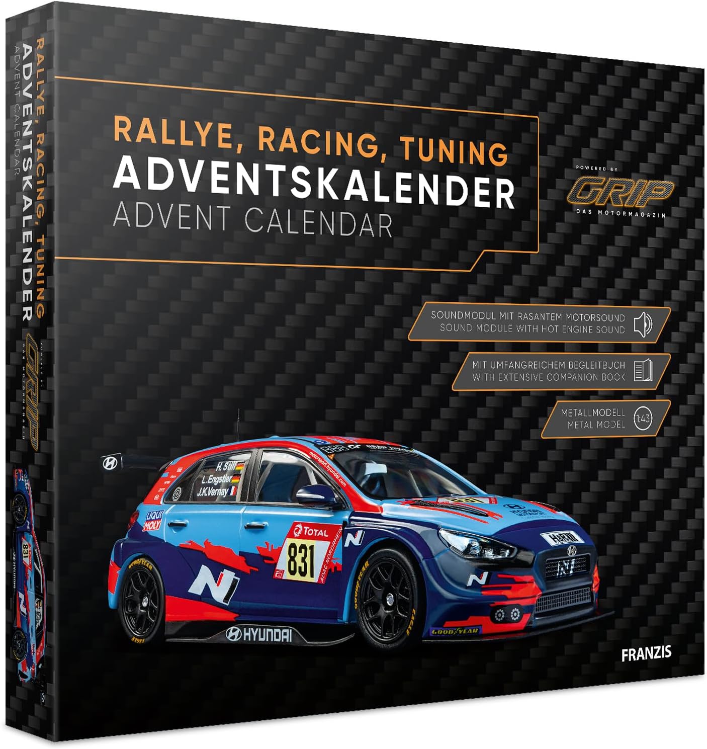 FRANZIS 67192 Advent Calendar Rally, Racing, Tuning, Powered by Grip, Model Kit of a Racing Vehicle in Scale 1:43
