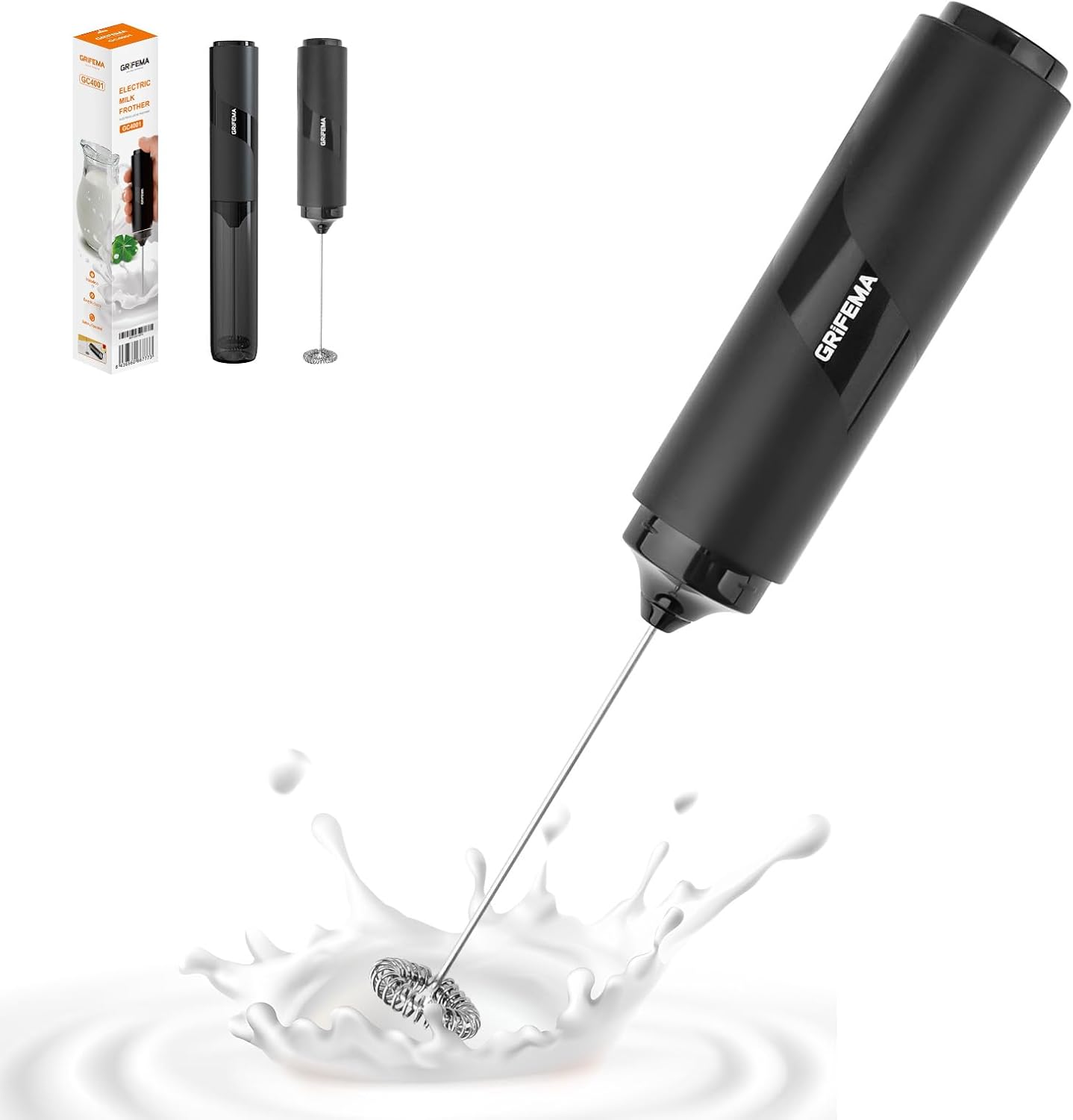 GRIFEMA Handheld Milk Frother, Battery Operated, Portable Milk Frother, Electric 13000 rpm, Electric Milk Frother, Ergonomic, Easy to Clean, Frother Stick for Latte, Matcha Tea, Cocoa