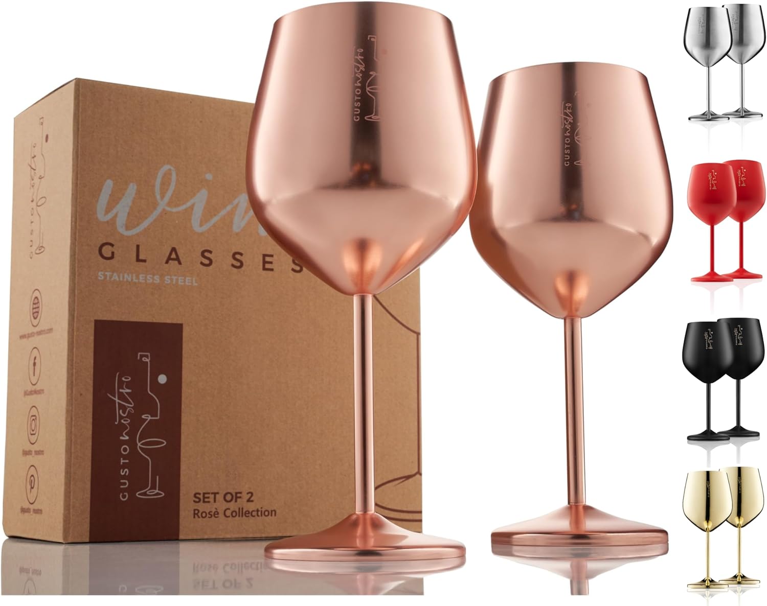 Gusto Nostro Store Stainless Steel Stem Wine Glasses - Unbreakable Goblets with 19 oz Capacity for Outdoor Pool Parties, Anniversaries - Elegant Rose Gold Drinkware for Champagne and Cocktails (Pack of 2)