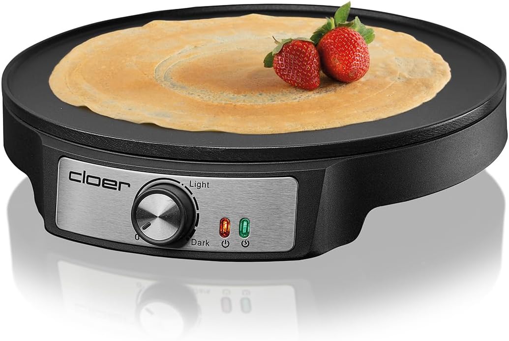 Cloer 6620 Crepe Maker for Sweet or Savory Crepes with Diameter 29 cm, 1200 W, Non-Stick Coating, Includes Wooden Dough Spreader and Spatula, Black