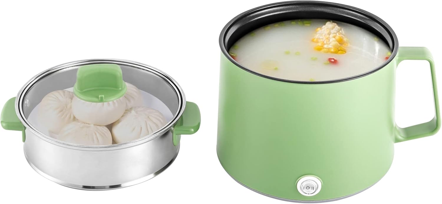 MccoMMon Portable Multifunction Rice Cooker, 1.7L Non-Stick Steamer, Mini Cooking Pot, Portable Mini Pasta Cooker, Electric Hot Pot with Steamer, Home Office (Green)