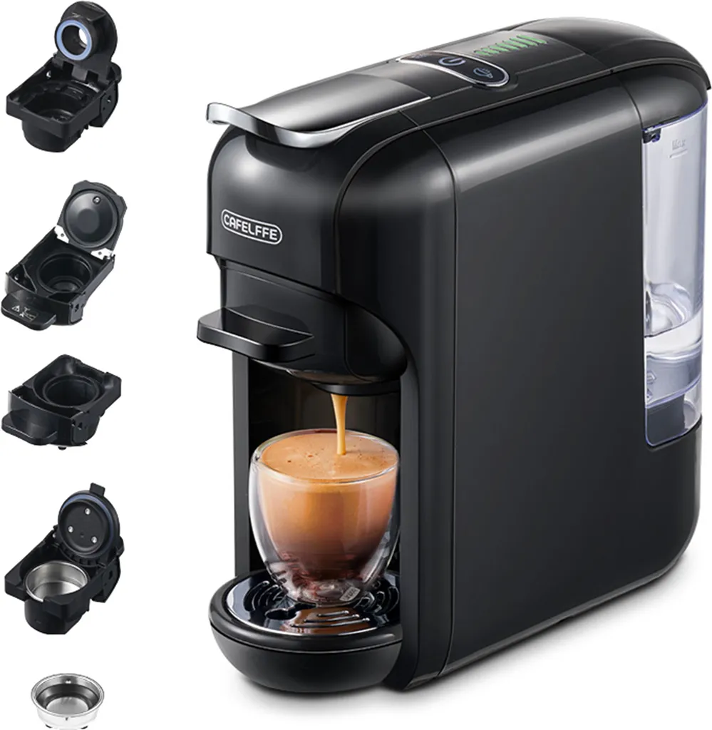 KKmoon CAFELFFE 5-in-1 Electric Coffee Machine, 92°C, 19 Bar, Mini Cold and Hot Brewing, 7 Water Volume Levels, Coffee Machine with 600 ml Water Tank, Removable Drip Tray, Works with DG/NES/ESE/K-Cup Capsules and Ground Coffee