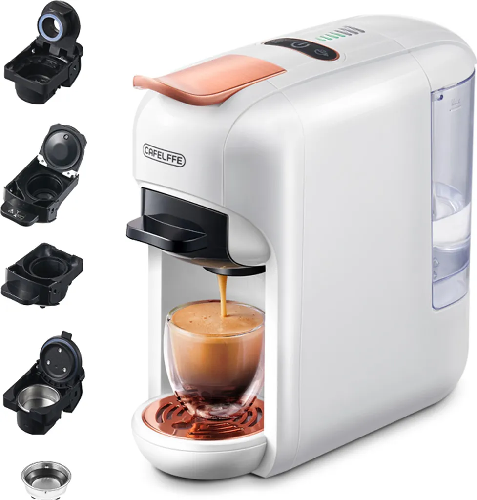 KKmoon CAFELFFE 5-in-1 Electric Coffee Machine, 92°C, 19 Bar, Mini Cold and Hot Brewing, 7 Water Volume Levels, Coffee Machine with 600 ml Water Tank, Removable Drip Tray, Works with DG/NES/ESE/K-Cup Capsules and Ground Coffee