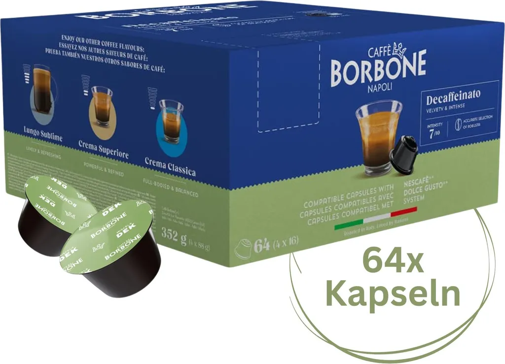 Caffé Borbone Caffè Borbone Decaffeinato - 64 coffee capsules - velvety and intense - Compatible with Nescafé®* and Dolce Gusto®* coffee machines 448g