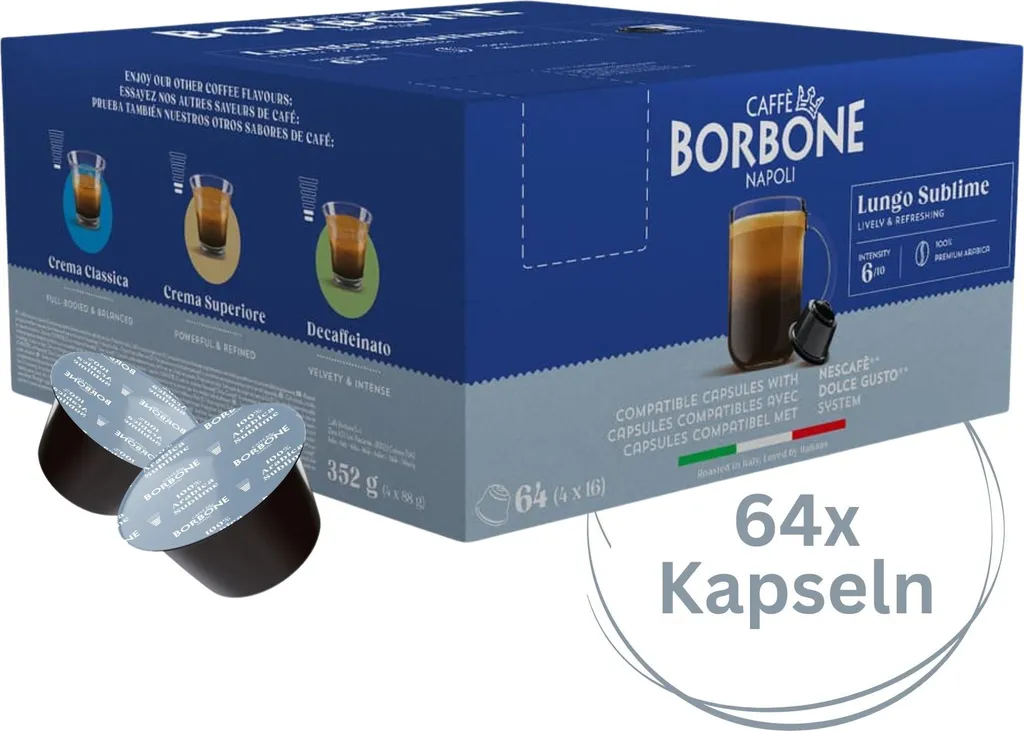 Caffé Borbone Caffè Borbone Lungo Sublime - 64 coffee capsules - invigorating and refreshing - Compatible with Nescafé®* and Dolce Gusto®* coffee machines 448g