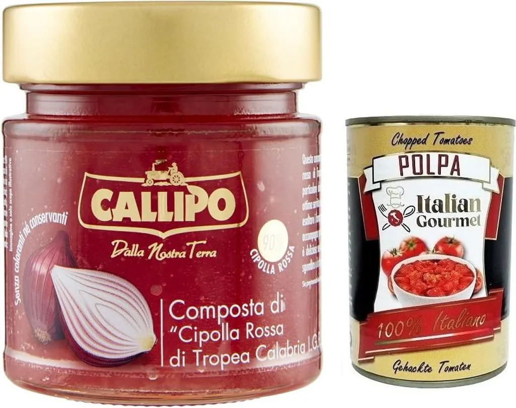Callipo Composta Di Cipolla Rossa Di Tropea Calabria I.G.P., Red Onion Compote from Tropea Calabria, 300g Jar + Italian Gourmet Polpa di Pomodoro 400g Can