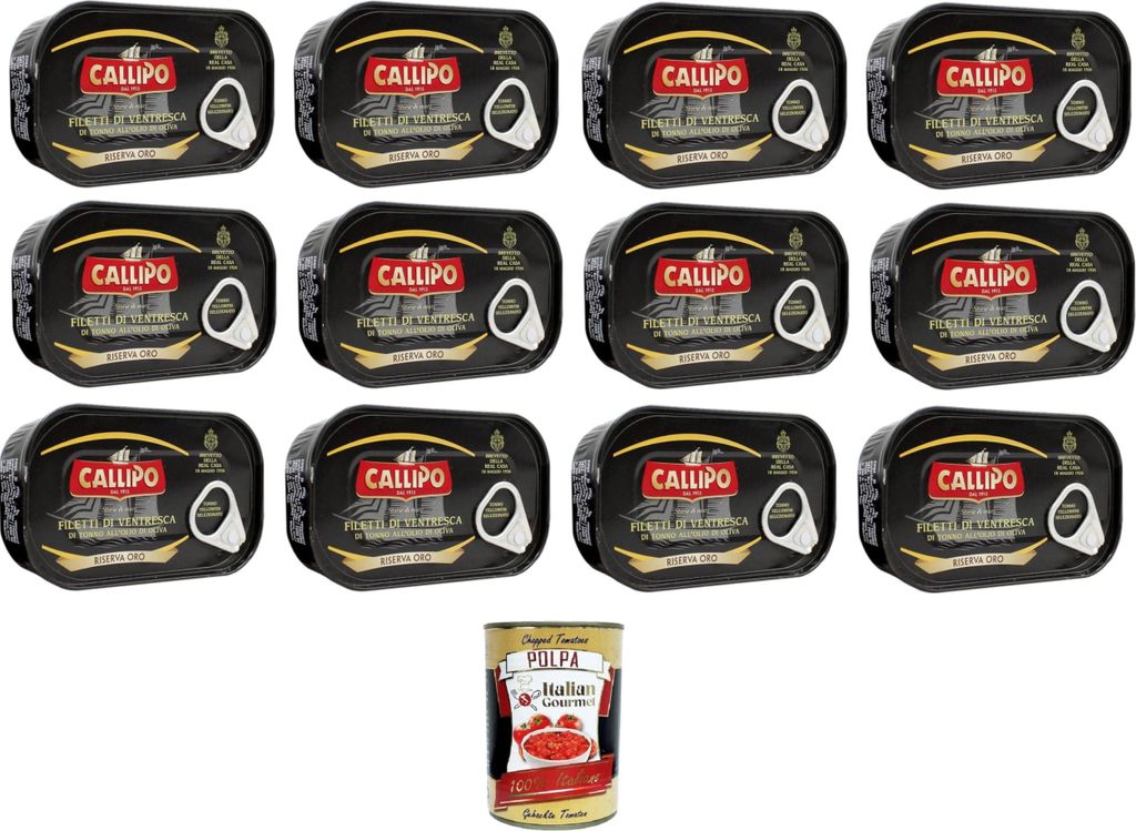 Italian Gourmet E.R. Callipo Filetti di Ventresca di Tonno allolio di oliva Tuna belly fillets in olive oil 12x125gr + Italian Gourmet polpa 400g