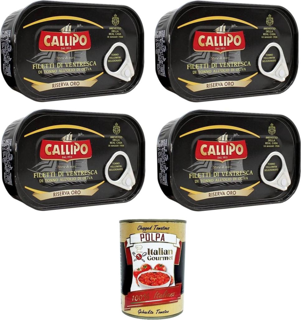 Italian Gourmet E.R. Callipo Filetti di Ventresca di Tonno allolio di oliva Tuna belly fillets in olive oil 4x125gr + Italian Gourmet polpa 400g