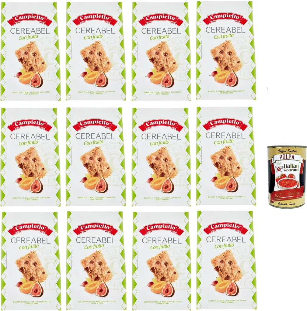 Italian Gourmet E.R. Campiello, Cereal Biscuits with Fruit, Cereal Biscuits with Fruit, Cookies for Breakfast 12 x 220g + Italian Gourmet Polpa 400g