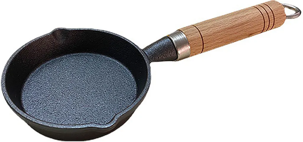 CANDeal 10cm Mini Cast Iron Frying Pan with Heat-Resistant Wooden Handle, Fajita Pan for BBQ, Omelets, Tapas and Desserts, Round, Black