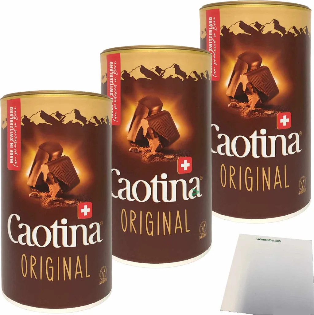 Caotina Original Cocoa Powder Drink Powder made from real Swiss chocolate 3-pack (3 x 500g tins) + usy block 1512g