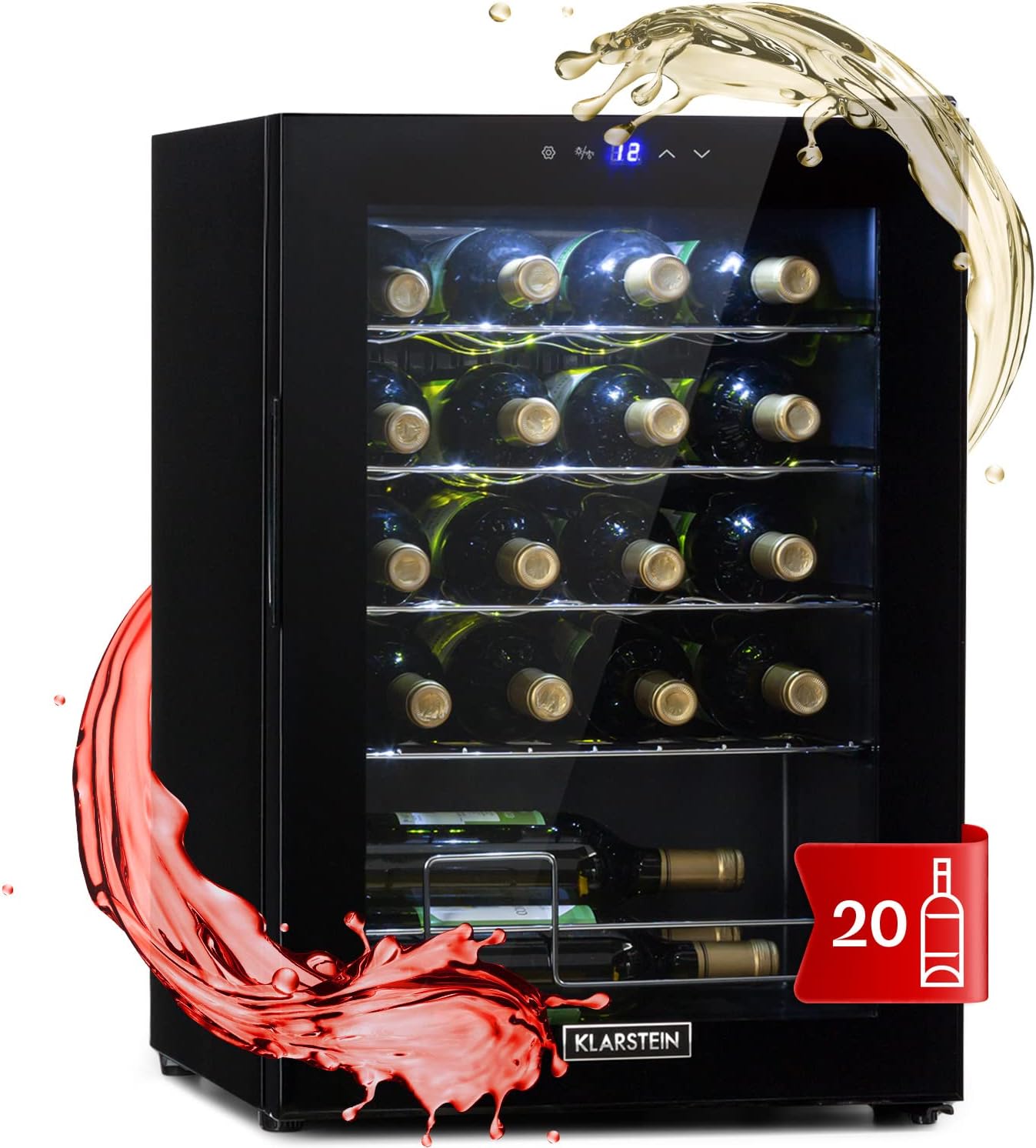 Klarstein Wine Fridge, 1 Zone Drinks Refrigerator, Small, Small Wine Cabinet, 53 L, Wine Fridge Small with Glass Door, Indoor/Outdoor Bottle Fridge, Wine Fridge 5-18°C, 20 Bottles