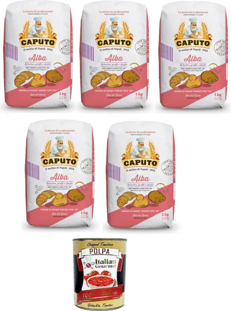 Caputo Alba, soft wheat flour 00 ideal for brioches, donuts and puff pastry 5x 1kg + Italian Gourmet polpa 400g