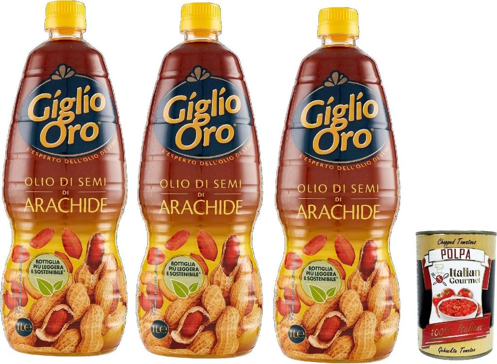 Italian Gourmet E.R. Carapelli Giglio Oro Olio di Semi di Arachide Peanut Oil Cooking Oil Frying Oil 100% Italian Oil 3x 1Lt + Italian Gourmet Polpa 400g