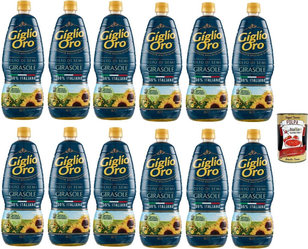 Italian Gourmet E.R. Carapelli Giglio Oro Sunflower Oil, Cooking Oil, Frying Oil, 100% Italian Oil, 12 x 1L + Italian Gourmet Polpa 400g