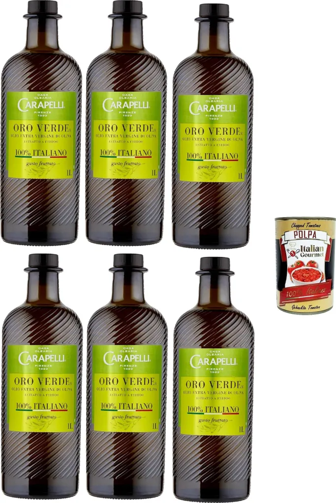 Carapelli Oro Verde Extra Virgin Olive Oil, 100% Italian, 6 bottles x 1 liter, + Italian Gourmet polpa 400g 6400 ml