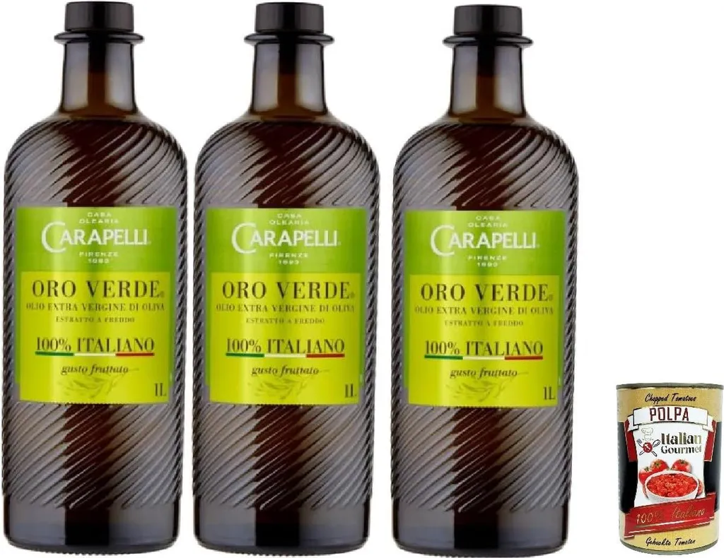 Carapelli Oro Verde Extra Virgin Olive Oil, 100% Italian Olive Oil, 3 x 1 Liter, + Italian Gourmet polpa 400g 3400 ml