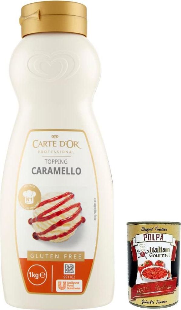 Italian Gourmet E.R. Carte d’Or Topping Caramello, sweet caramel-flavored sauce for decorating cakes and ice cream, 1 kg + Italian Gourmet Polpa di Pomodoro, 400 g can