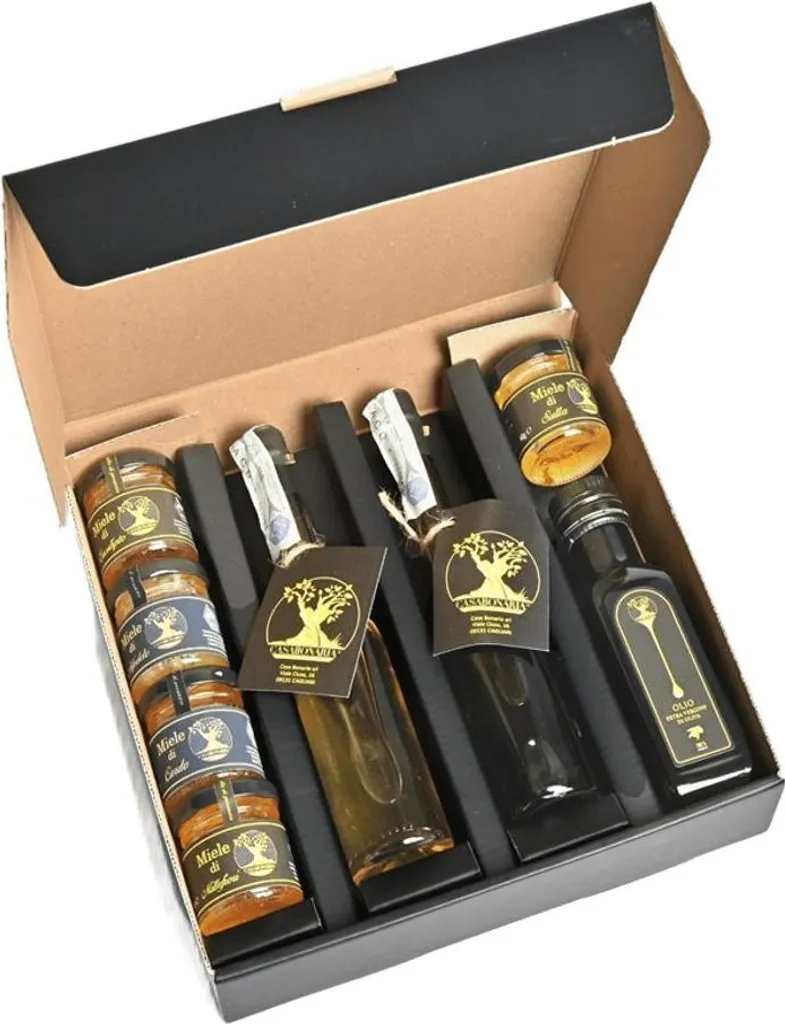 Win2Win Tech Casa Bonaria - Box Degustazione Travel - Italian EVO olive oil 100 ml, Red and White Myrtle from Sardinia 100 ml, Handmade honey 5x40g, Gourmet... 400g