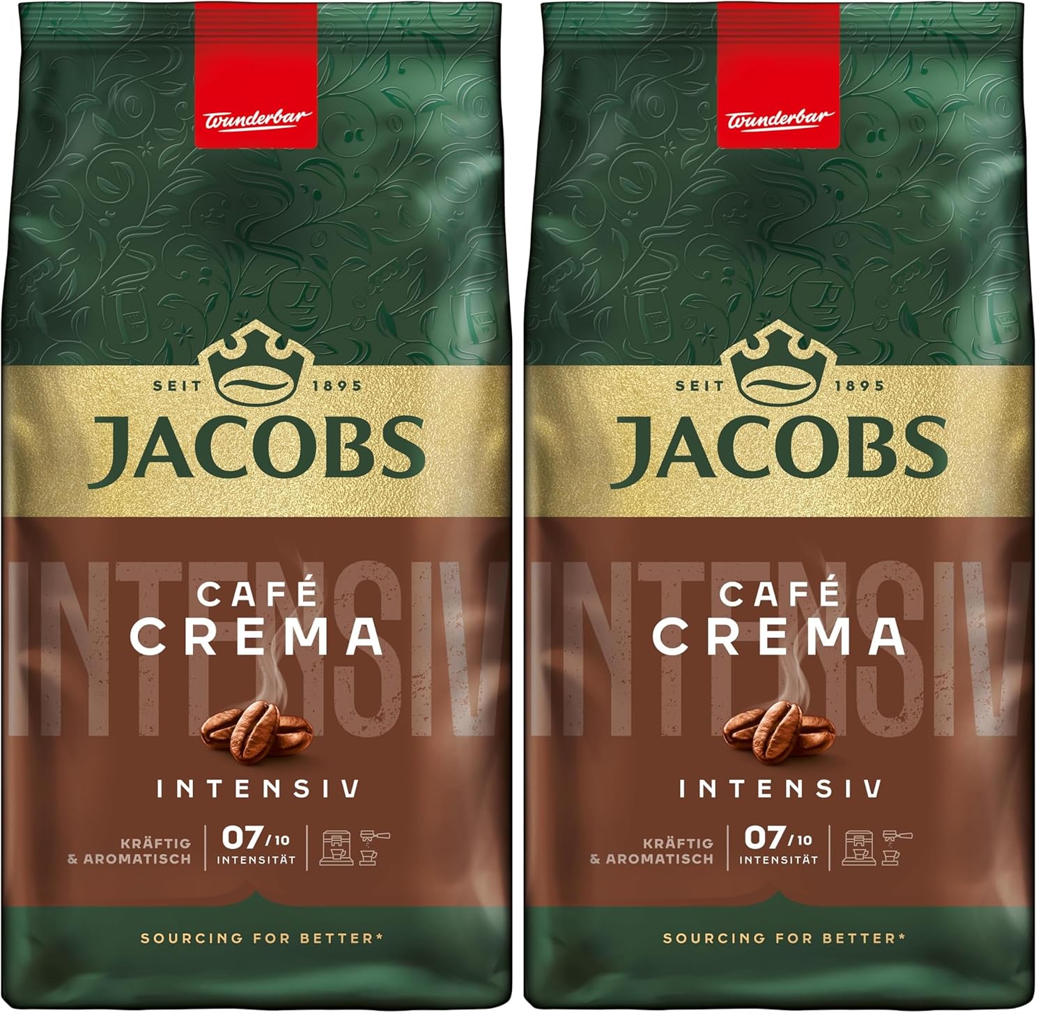 Jacobs Coffee Beans Café Crema Intense, Intense with Cocoa & Nut Note, Roasted in Bremen, Intensity 7/10, Coffee Whole Beans, 1 kg (Pack of 2)