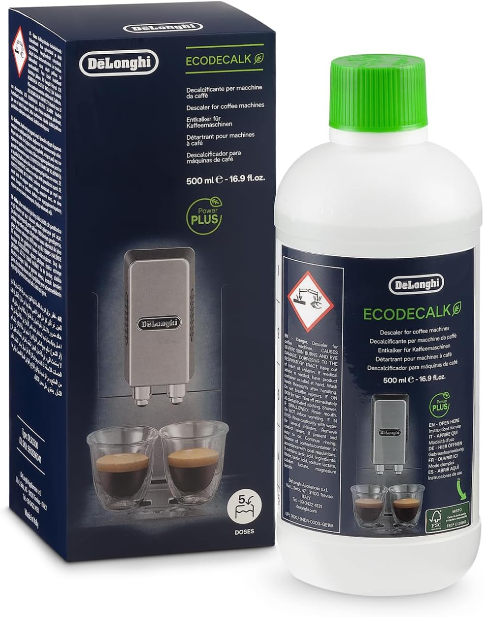 De'Longhi Store De\'Longhi Original EcoDecalk DLSC500 Descaler for Coffee Machines and Fully Automatic Coffee Machines, Universal Limescale Remover for 5 Descaling Operations, Contains Natural Raw Materials of Organic Origin, 500 ml