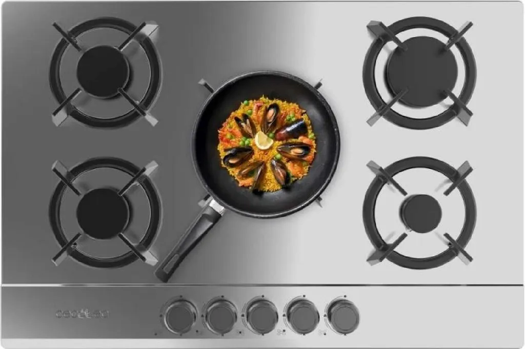 Cecotec Bolero Squad G 4400F Inox - Gas hob with 4 burners, 8 kW, stainless steel, cast iron pan supports, triple-ring wok burner, electronic ignition, safety valves, including gas conversion kit.