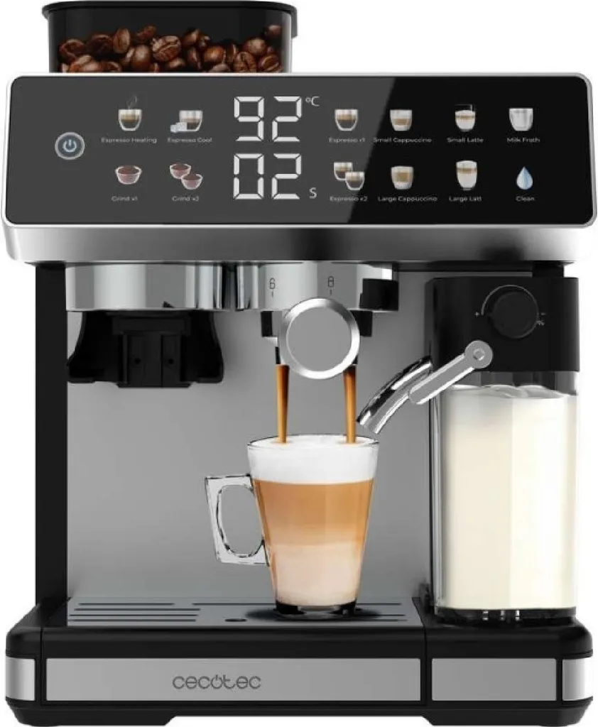 Cecotec Espresso Machine Barista Power Espresso 20 Barista Grind & Latte. 1350W, 20 bar, conical burr grinder, 2.6L water tank