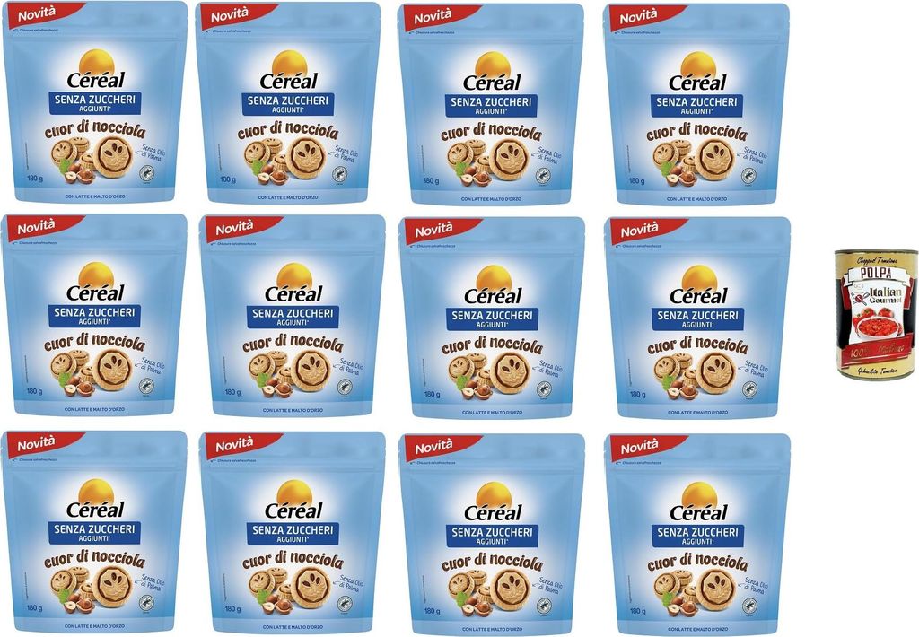 Italian Gourmet E.R. Sugar-Free Cereal Cuor di Hazelnut Cookies with no added sugar, hazelnut and cocoa cream, Freshness Value Pack, 12 x 180g + Italian Gourmet Polpa 400g
