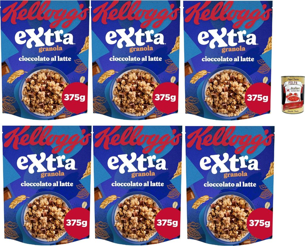 Kellogg Cereal Extra "Cioccolato al latte" | Try whole milk chocolate | Breakfast cereal, muesli with crunchy oats | 6 x 375g + Italian Gourmet polpa 400g