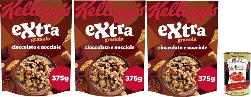 Kellogg Extra Cereals "Cioccolato e Hazelnut" | Try Chocolate and Hazelnuts | Breakfast Cereals, Muesli with Crunchy Oats | 3 x 375g + Italian Gourmet Polpa 400g
