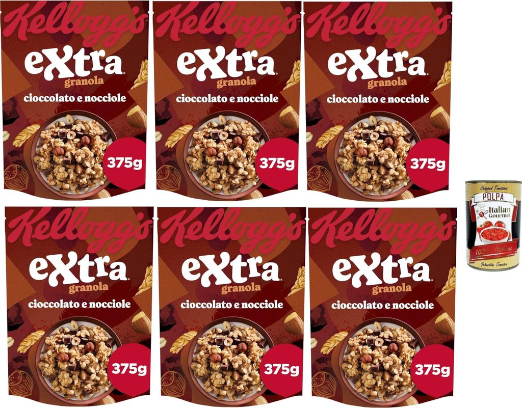 Kellogg Extra Cereals "Cioccolato e Hazelnut" | Try Chocolate and Hazelnuts | Breakfast Cereals, Muesli with Crunchy Oats | 6 x 375g + Italian Gourmet Polpa 400g