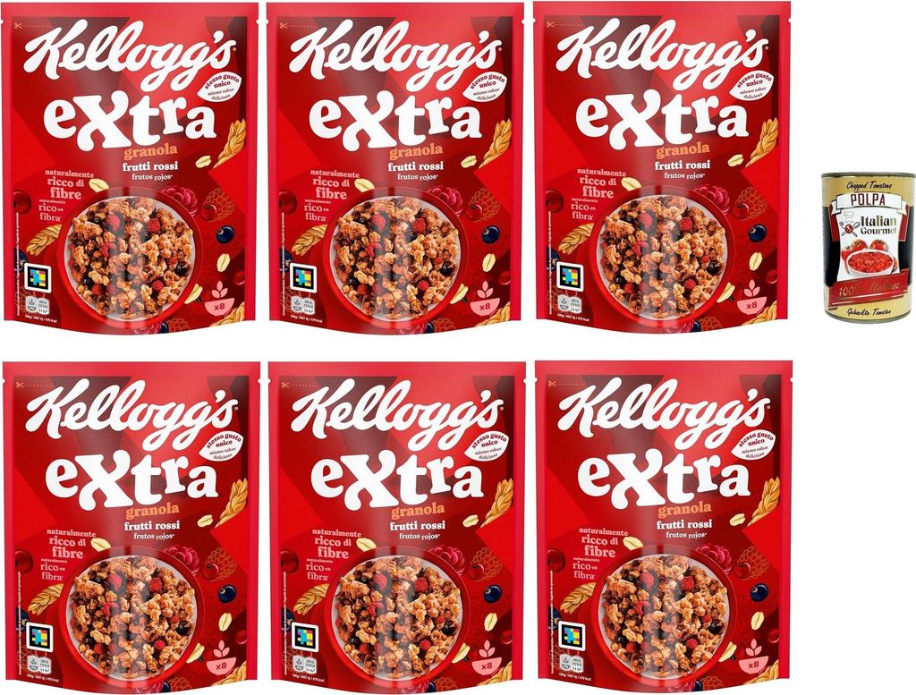 Kellogg Cereal Extra "Frutti Rossi" | Try Chocolate and Red Fruits | Breakfast Cereals, Muesli with Crunchy Oats | 6 x 375g + Italian Gourmet Polpa 400g