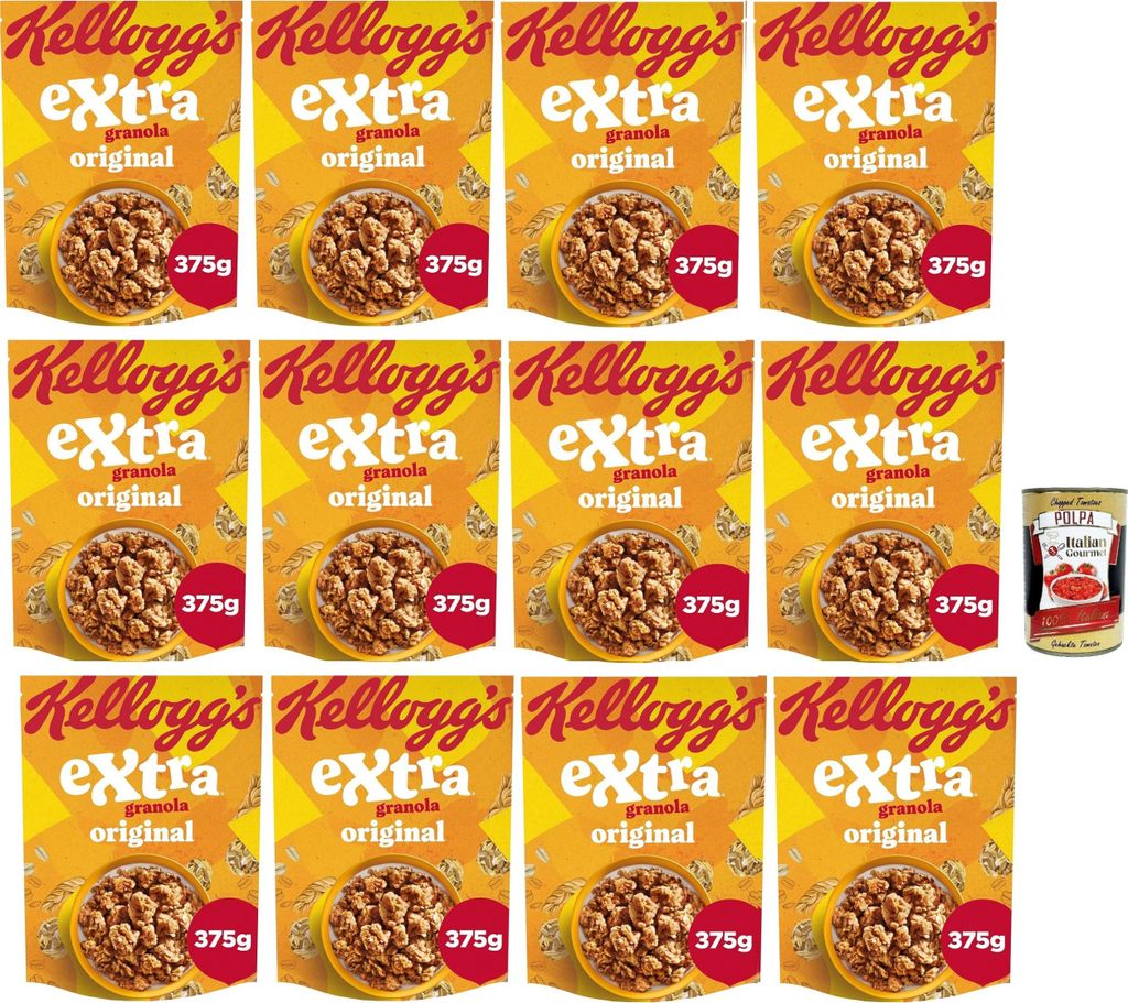 Kellogg Cereali Extra "Granola Original" | Try Granola | Breakfast cereal, muesli with crunchy oats | 12 x 375g + Italian Gourmet polpa 400g