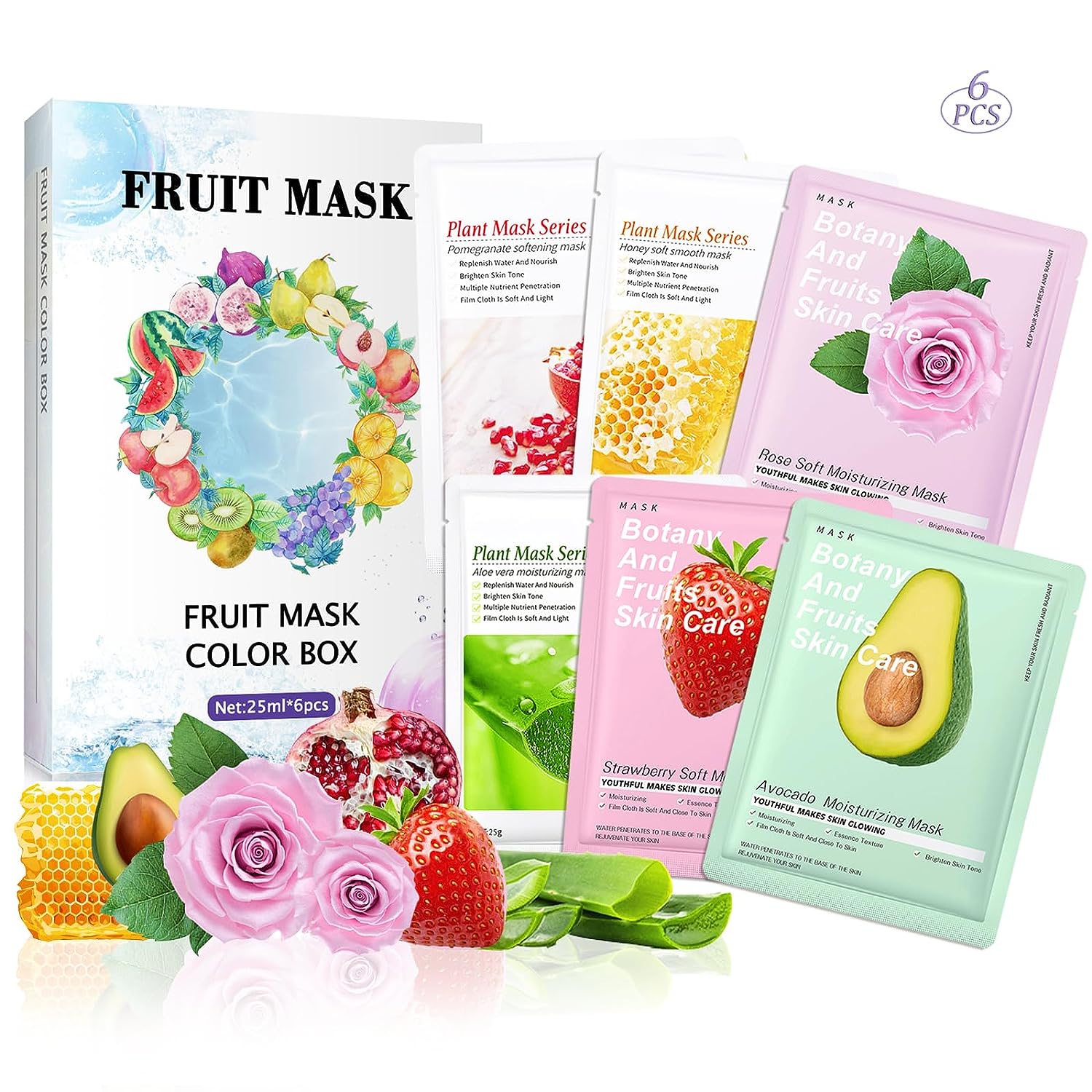 HOUSN 6 Combo Pack Face Cloth Masks Daily Care, Sensitive Soothing Face Mask, Face Mask with Plant Essence, Moisturising, Nourishing, Natural Ingredients for All Skin Types