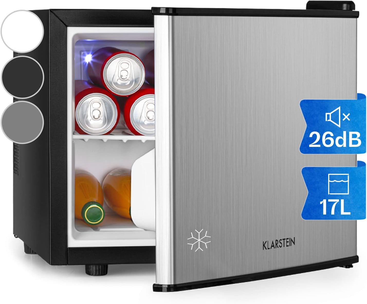 Klarstein Store Klarstein Fridge, Mini Fridge for Drinks, Small Fridge Silent, Skincare Fridge, 3 Cooling Levels, Camping Fridge, Mini Fridge for Room, Office 0-15°C, 17 L