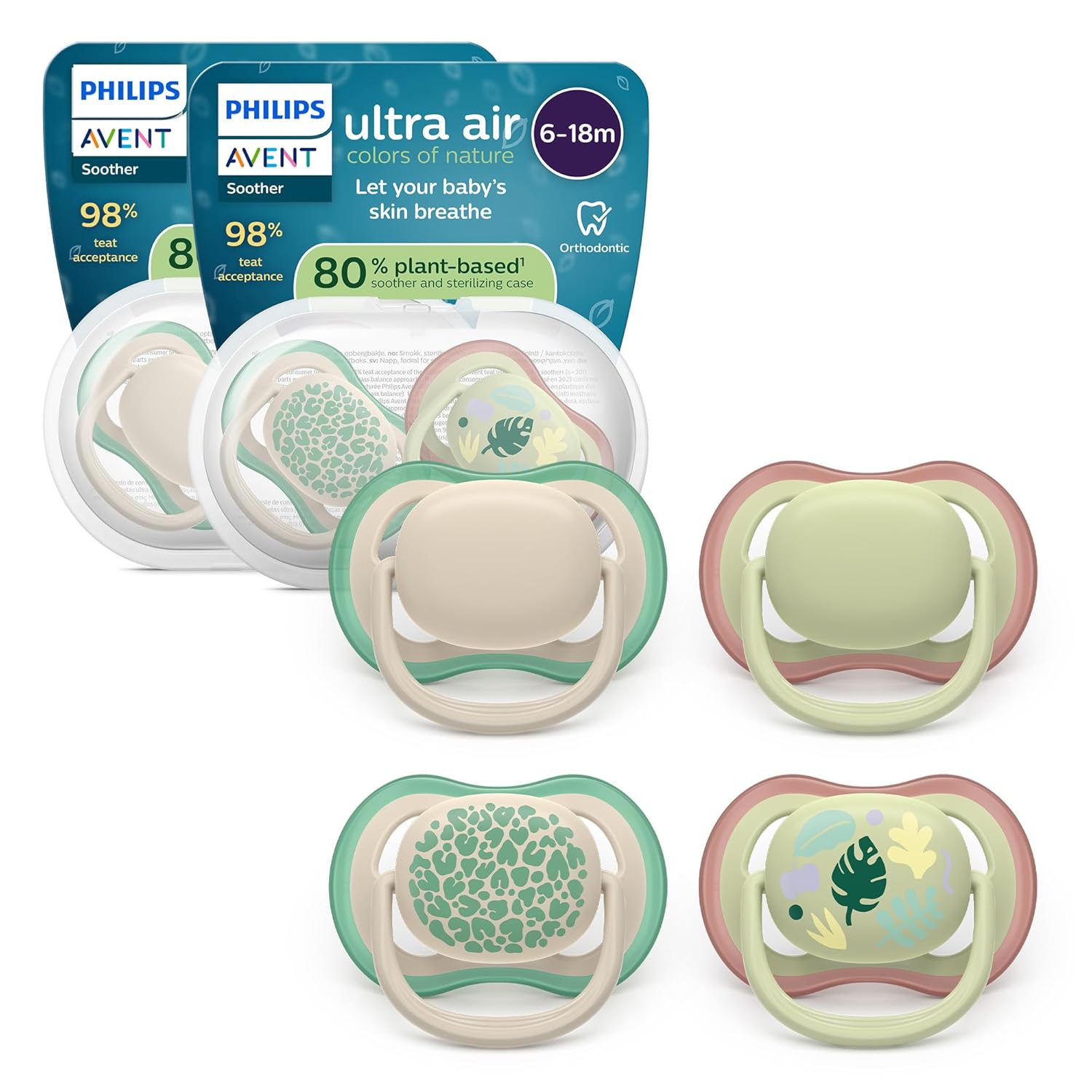 Philips AVENT Ultra Air Pacifier - Orthodontic Design for Babies, 6-18 Months, Soft, Symmetrical Silicone Teat, BPA-Free, 2 Sterilization Containers, Pack of 4, SCF087/26