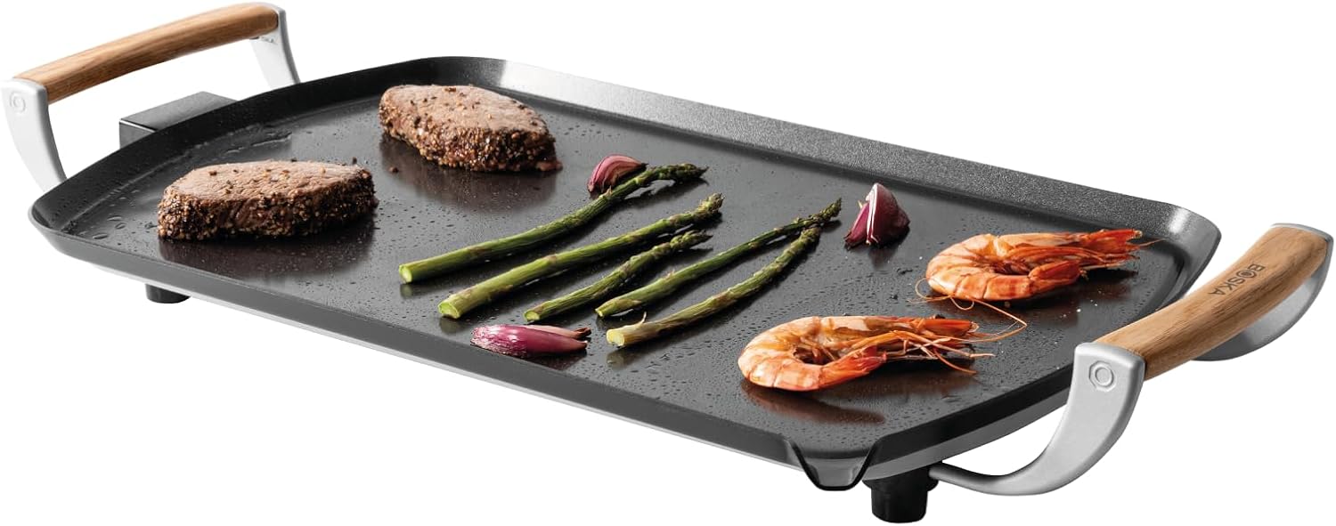 Boska Electric Grill Plate Pro - Table Grills - Teppanyaki Plate 35 x 56 cm - PFAS Free Ceramic Coating - Temperature Control - Grease Drain - Oak Handles - Black