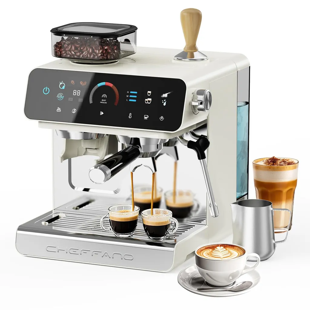 CHEFFANO espresso machine with integrated grinder, 20 bar pump pressure, milk frother for cappuccino and latte, 19 grind settings and 2.8 L removable water tank