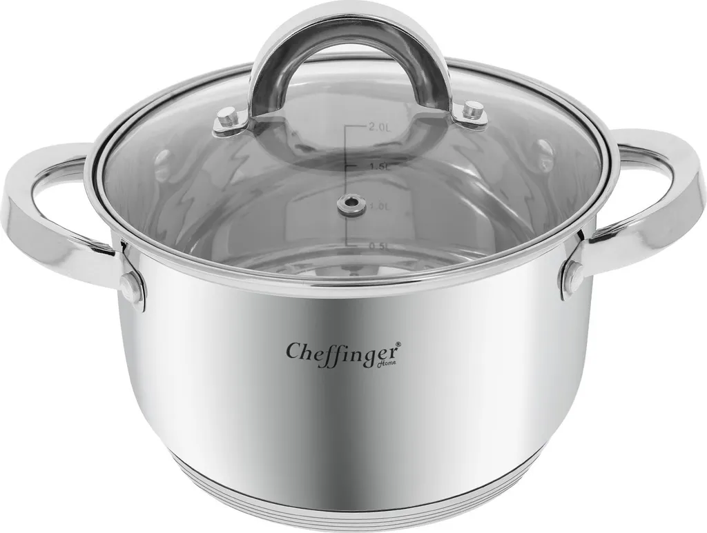 Cheffinger, stainless steel saucepan with glass lid, 18cm, 2.9L, induction compatible, silver
