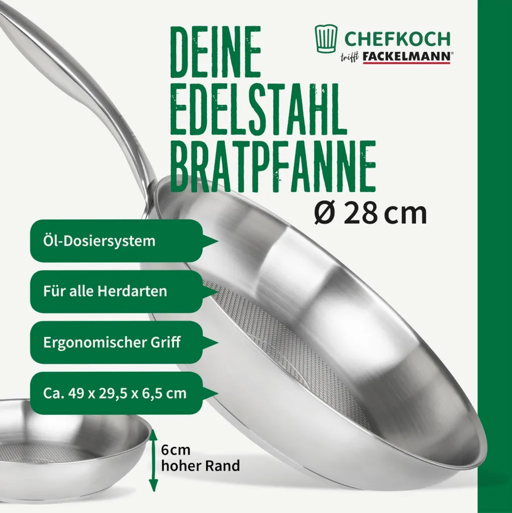 Chefkoch meets Fackelmann frying pan Munich Ø28 cm made of high-quality 18/10 stainless steel. Perfect for all types of hobs and ovens.