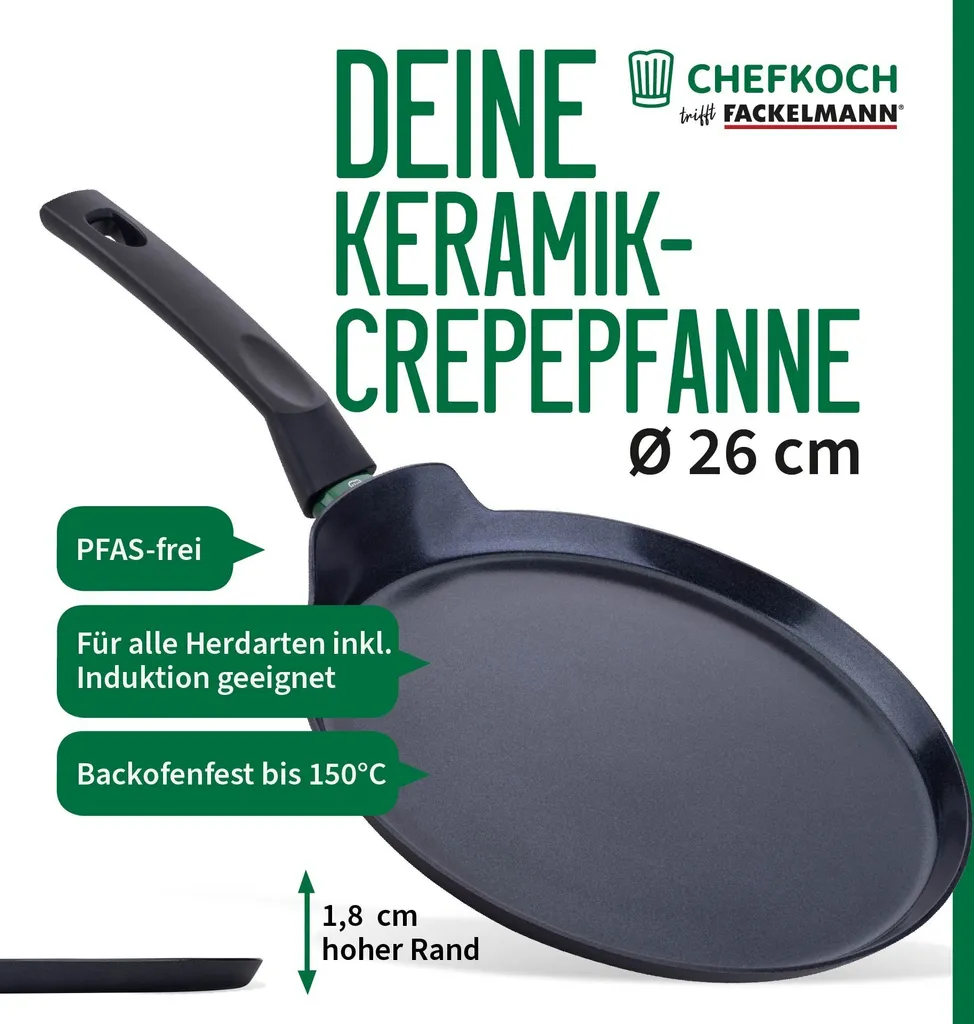 Chefkoch meets Fackelmann: High-quality ceramic crepe pan with non-stick coating and sustainable design. Perfect for delicious crepes and pancakes!