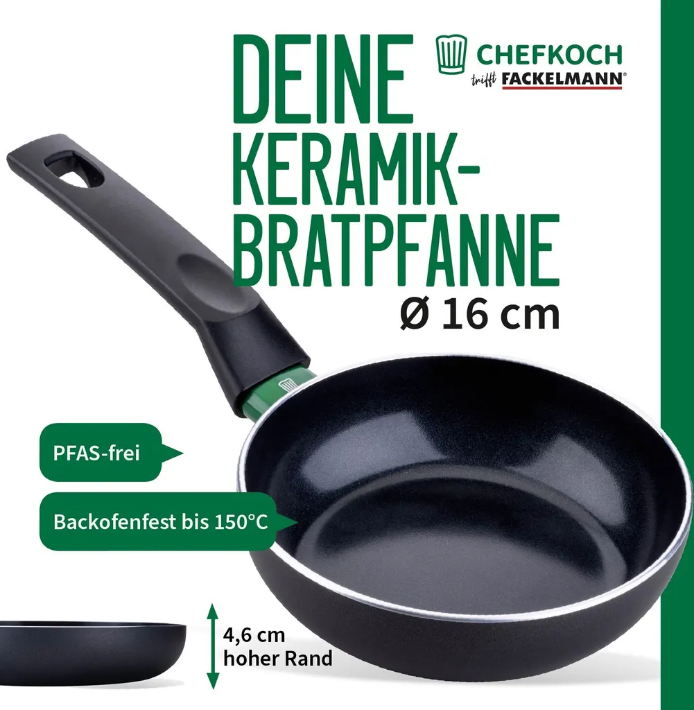 Chefkoch meets Fackelmann ceramic frying pan Ø 16cm, high-quality black Greblon CK2 ceramic coating, environmentally friendly made from 100% recycled aluminum, oven-safe, easy to clean