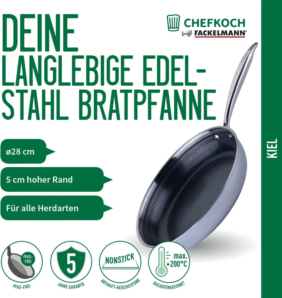 Chefkoch meets Fackelmann Tri-Ply frying pan Kiel Ø 28 cm High-quality stainless steel pan with non-stick coating, suitable for induction cooktops