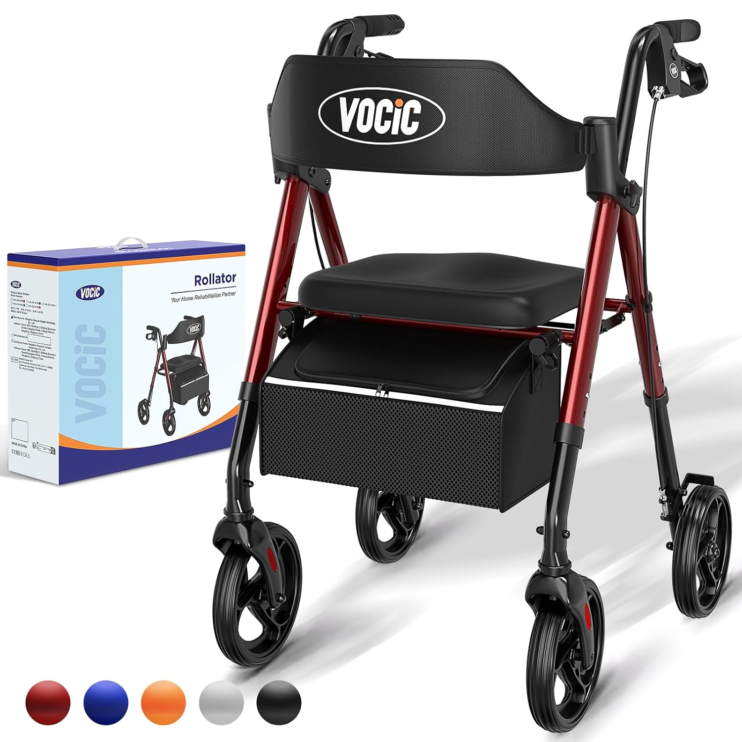 VOCIC Foldable and Lightweight Rollator with Sit, Narrow Rollators for Home, Rollators for Seniors, Foldable with 20 cm Tires for All Terrain, Seat and Handle Height Adjustable, 5 Years Support, Dark