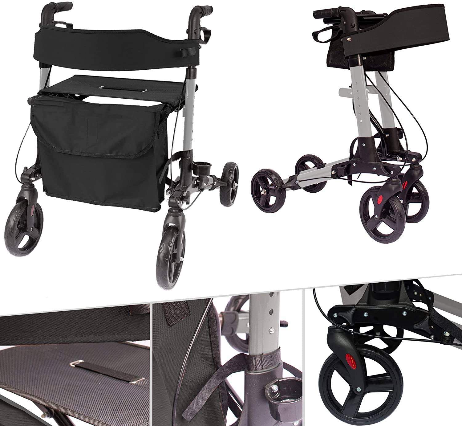 Arebos Lightweight Rollator, Aluminium, 6-way height adjustable, Comfortabl