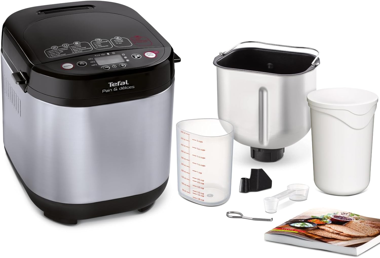 Tefal Pain & Délices PF240E Bread Maker, 20 Baking Programs, 3 Bread Sizes and Browning Levels, Also for Cakes, Pizza, Pasta Dough, Non-Stick Baking Mould, Black/Stainless Steel