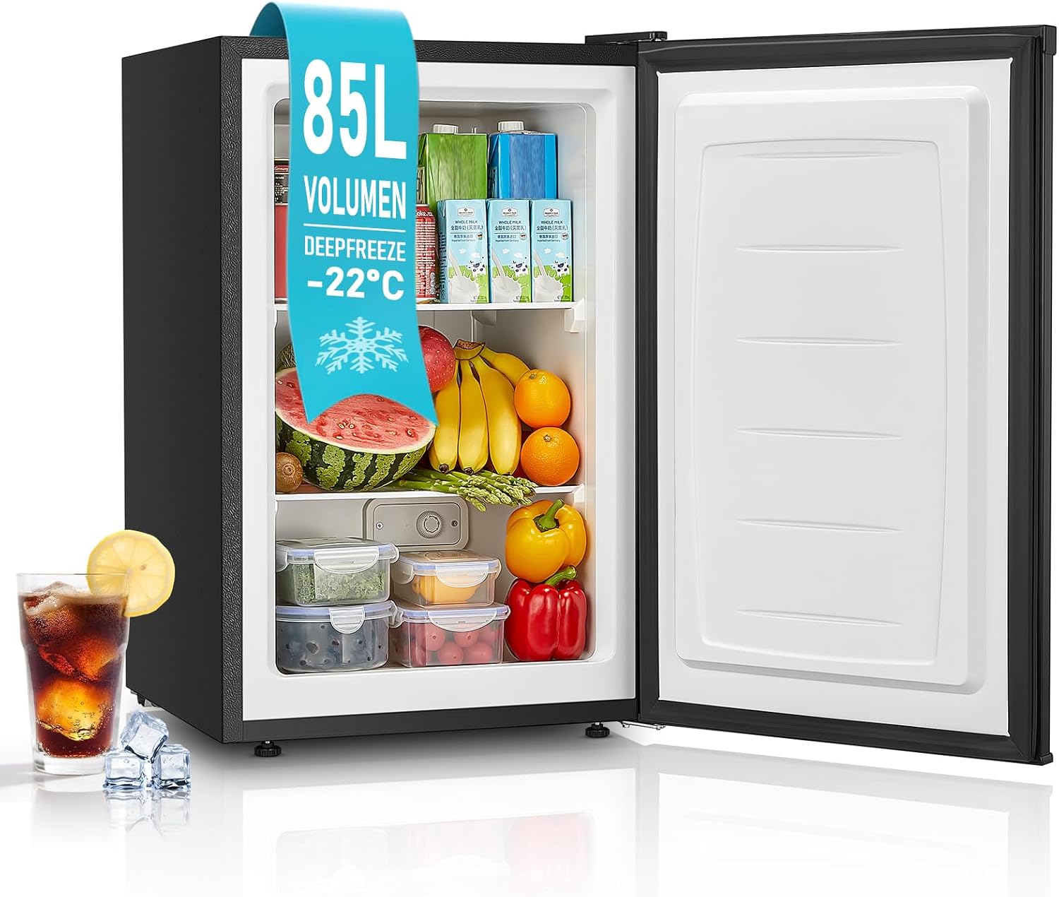 FOHERE Freezer 85 Litre Freezer, 80 cm High, 3 Drawers, Interchangeable Door Hinge and Temperature Control, 4-Star Freezer, Energy Class E