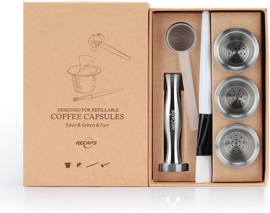 RECAPS Reusable Capsules Stainless Steel Refillable Pods Compatible with Nespresso Machines (OriginalLine Compatible) (3 Pods+120 Lids+1 Tamper)